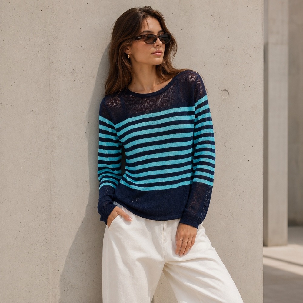 525 America Women Navy Blue Turquoise Striped Sweater Small Coastal Open Knit